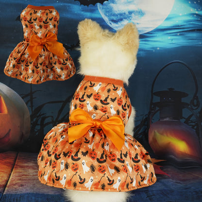 Dog Halloween Costumes Girl Dog Halloween Dress, Halloween Pumpkin Ghost Puppy Stretchy Costumes with Bow Tie Winter Warm Pets Outfits for Festival Party