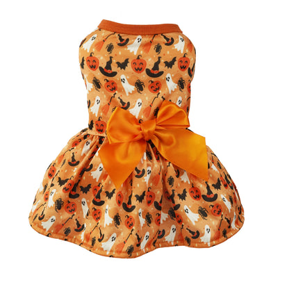 Dog Halloween Costumes Girl Dog Halloween Dress, Halloween Pumpkin Ghost Puppy Stretchy Costumes with Bow Tie Winter Warm Pets Outfits for Festival Party