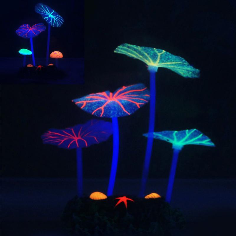 Ornament Artificial Mountain Aquascaping Glow-in-the-Dark Simulation Aquatic Plants Mushroom Lotus Leaf Silicone Decorations