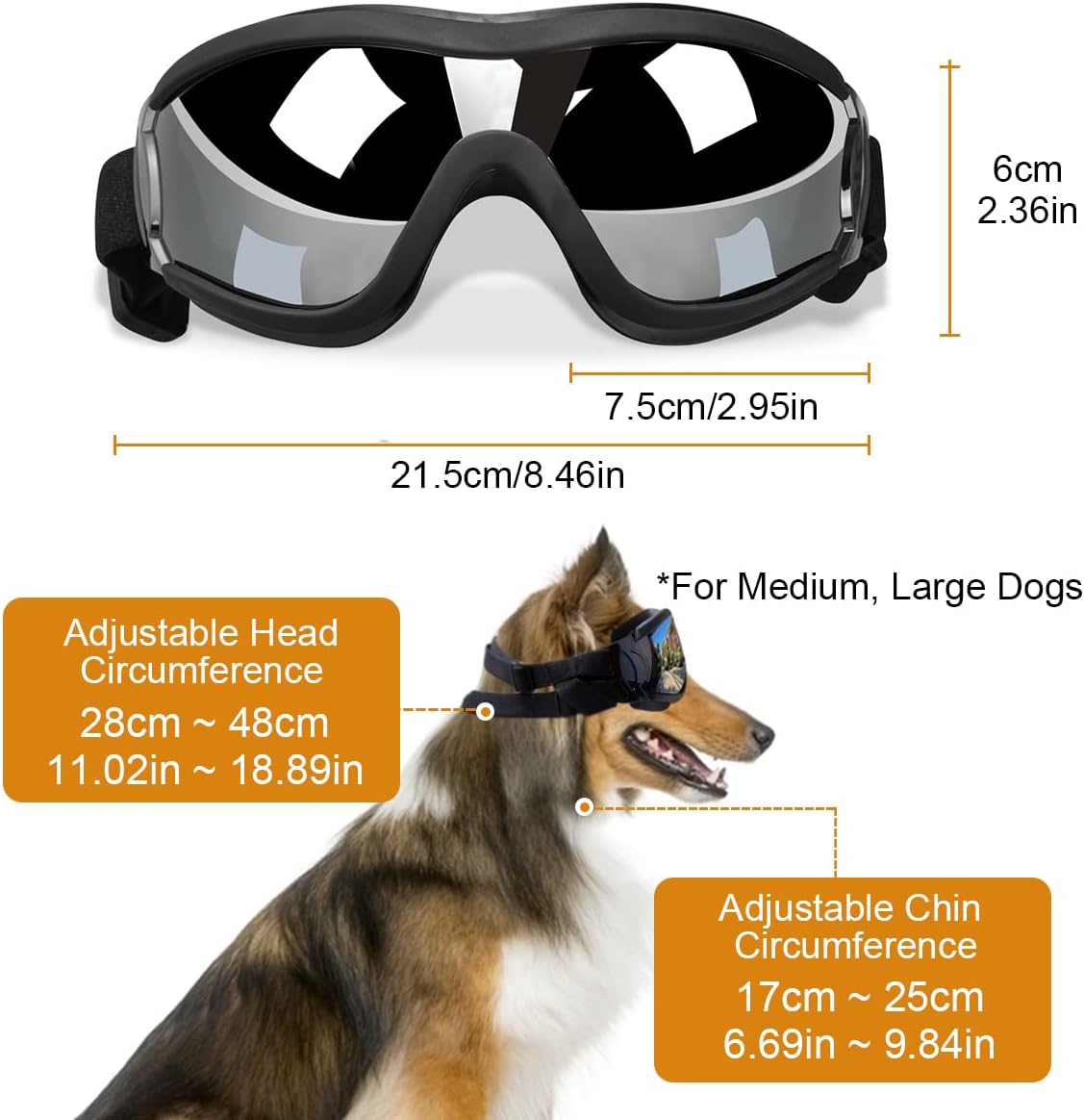 Dog Sunglasses Dog Goggles Medium Large Breed, Dog Glasses Sun Protection Windproof Waterproof Dustproof, Pet Glasses Anti-Broken Anti-Fog with Adjustable Strap for Driving Motorcycle Swimming Surfing