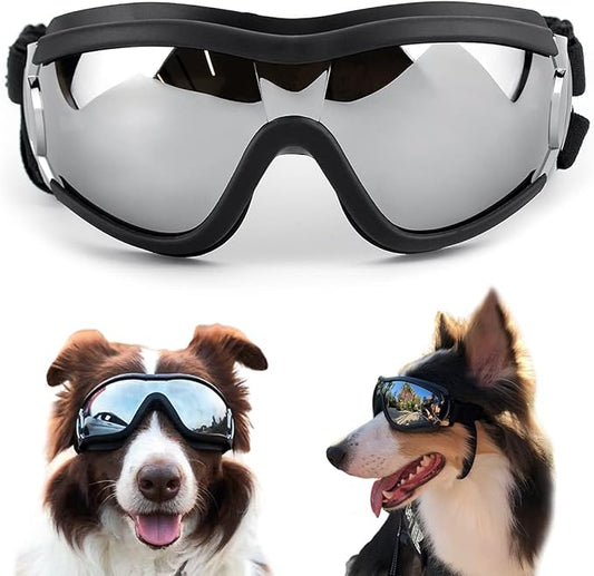 Dog Sunglasses Dog Goggles Medium Large Breed, Dog Glasses Sun Protection Windproof Waterproof Dustproof, Pet Glasses Anti-Broken Anti-Fog with Adjustable Strap for Driving Motorcycle Swimming Surfing