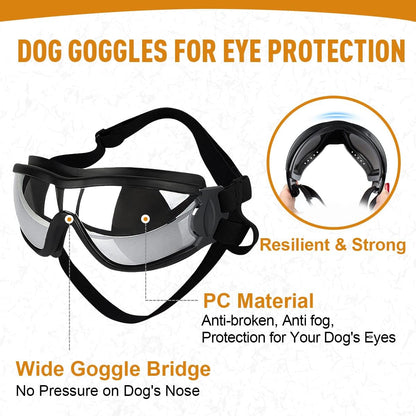 Dog Sunglasses Dog Goggles Medium Large Breed, Dog Glasses Sun Protection Windproof Waterproof Dustproof, Pet Glasses Anti-Broken Anti-Fog with Adjustable Strap for Driving Motorcycle Swimming Surfing