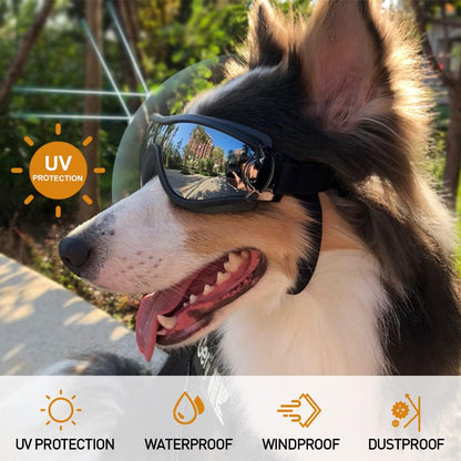 Dog Sunglasses Dog Goggles Medium Large Breed, Dog Glasses Sun Protection Windproof Waterproof Dustproof, Pet Glasses Anti-Broken Anti-Fog with Adjustable Strap for Driving Motorcycle Swimming Surfing